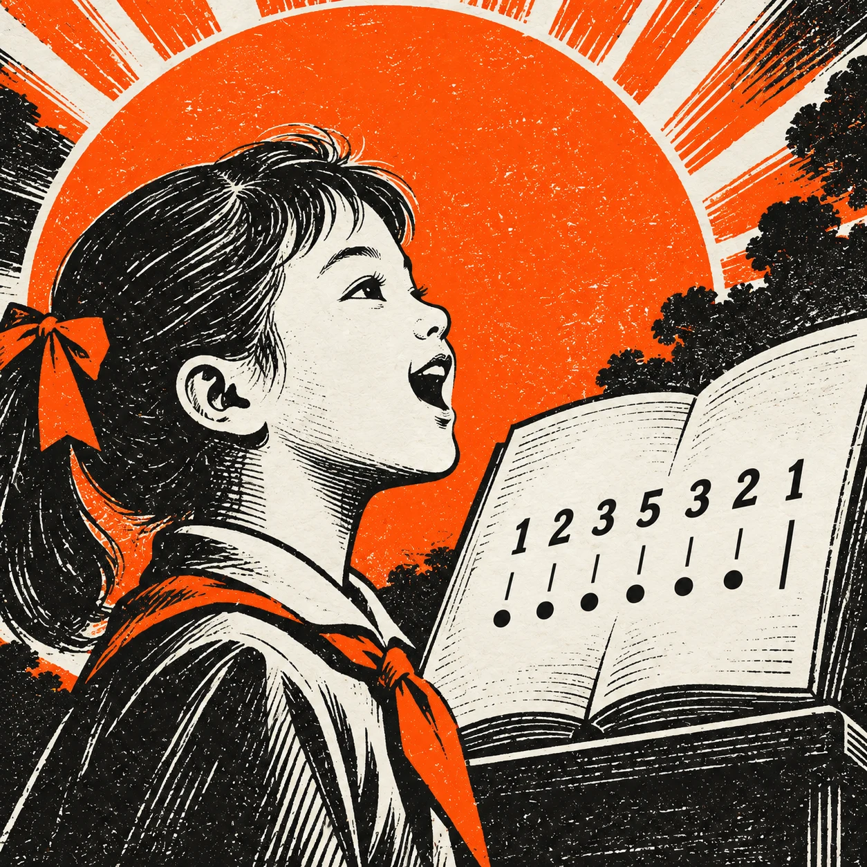 橙黑木刻版画封面:一位小学生面向写有简谱数字的练习本张口歌唱。
